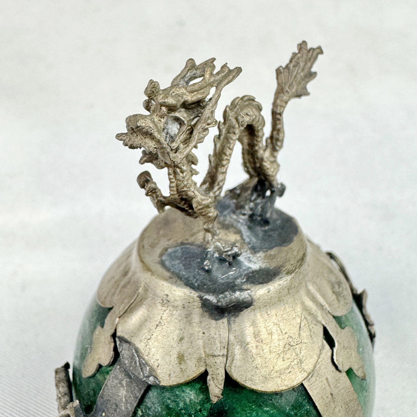 Vintage Chinese Zodiac DRAGON Green Marble Orb, Pewter/Tin Finial, Dragon Motif