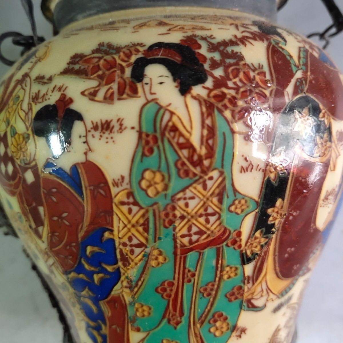Antique Chinese Pure Copper Ceramic Hookah Hand Painted Figure Collectible