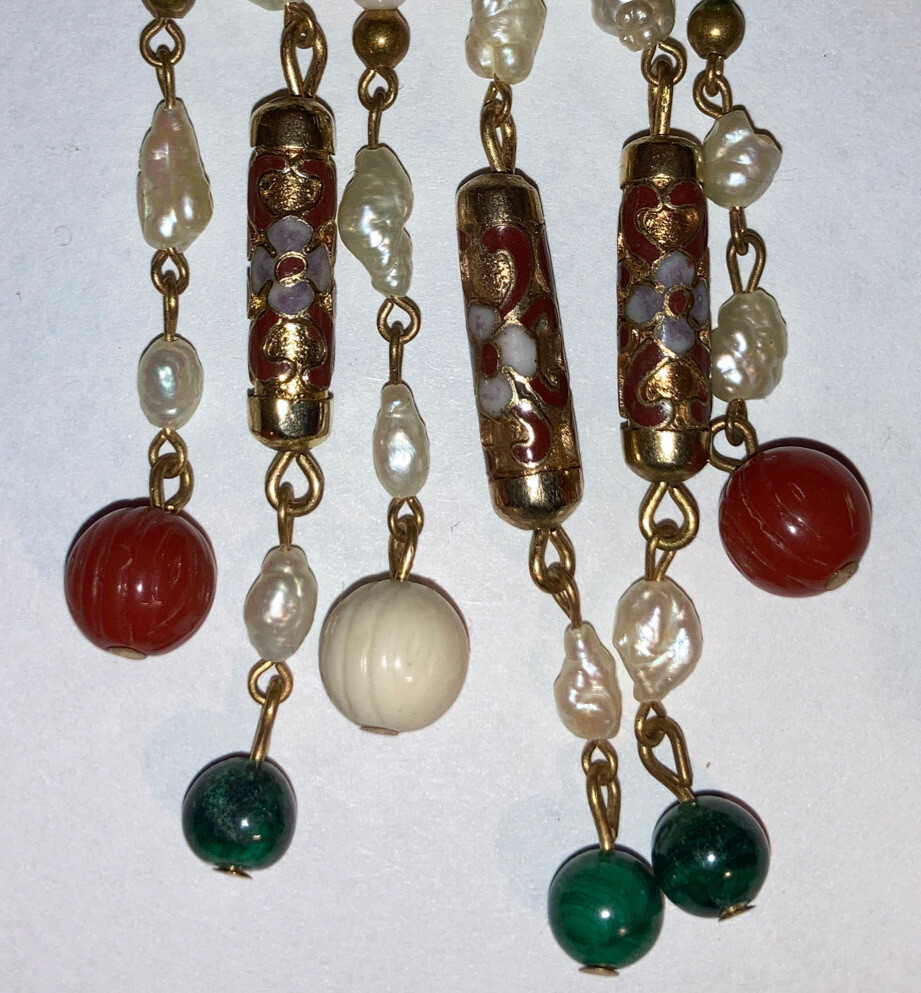 3.75” Vintage Chinese Enamel Cloisonne Coral Pearls Dangle Earrings Bracelet 7”