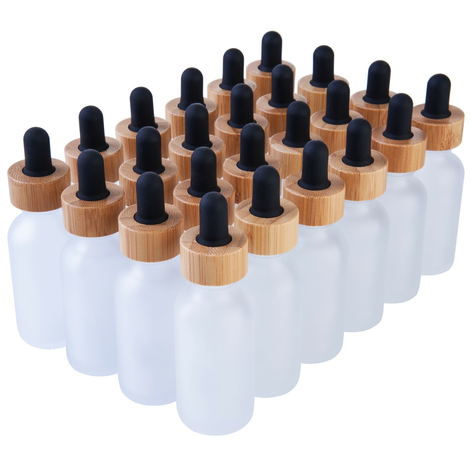 Clear Frosted Boston Round Glass bottles Black Bamboo Cap 1 oz / 30 ml 24 Pack
