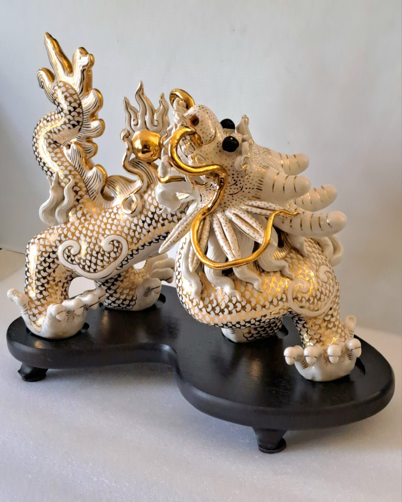 Vintage White/Gold Ceramic Dragon Feng Shui Sculpture 1950s Chinese Zodiac Décor