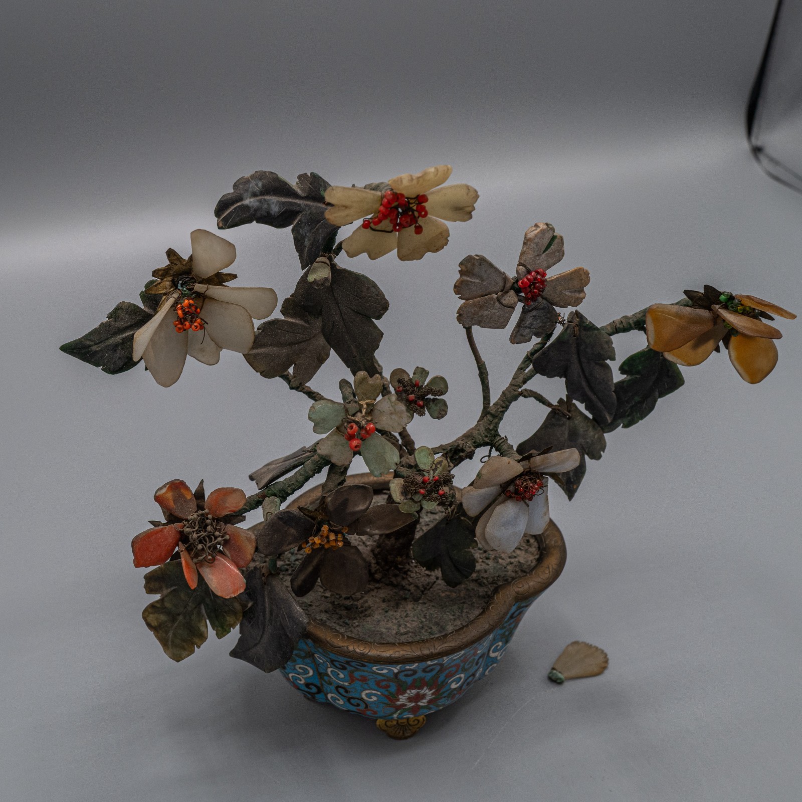 Chinese Jade Hard Stone Tree in Cloisonne Pot 8 1/2″ Vintage/Antique – READ #B