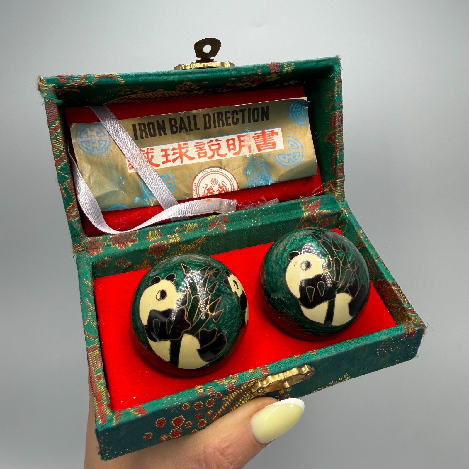 Vintage Chinese Baoding Balls Panda Bamboo Enamel Steel Set Box Asian Decor