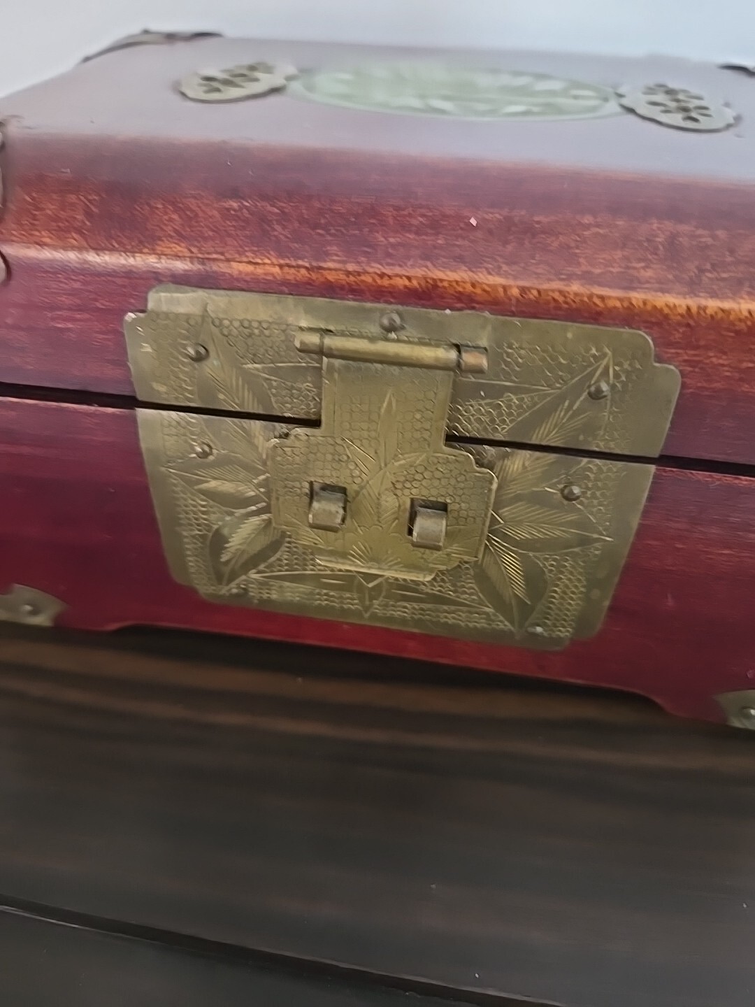 Jewelry Box Wooden Brass Accents Shangai Jade Detail VTG