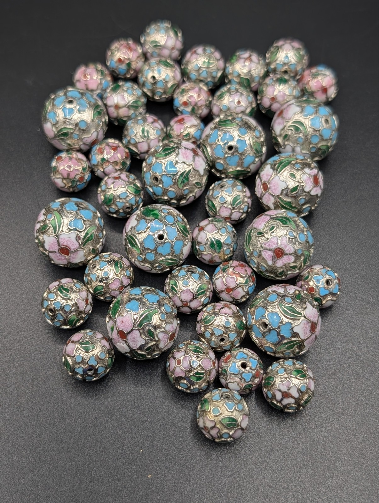 Assortment of Vintage Chinese Cloisonne Floral Design Silver Tone Beads – 40 pc