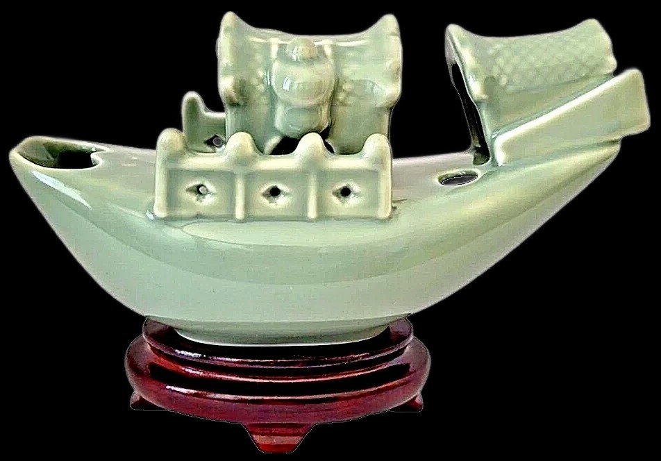 Yi Lin Arts and Treasures Celadon Boat and Wooden Stand with Silk Brocade Box