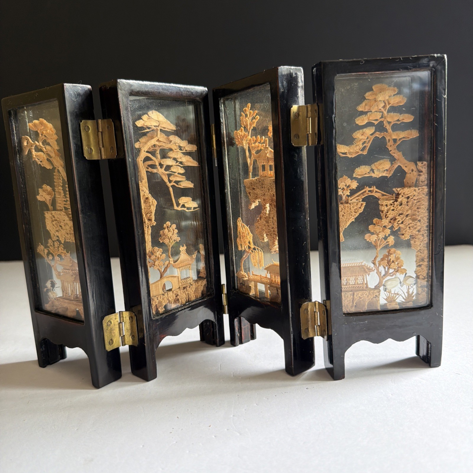 Vtg Chinese Cork Art Screen Folding 4 Panel Glass Pagoda Cranes Black Lacquer