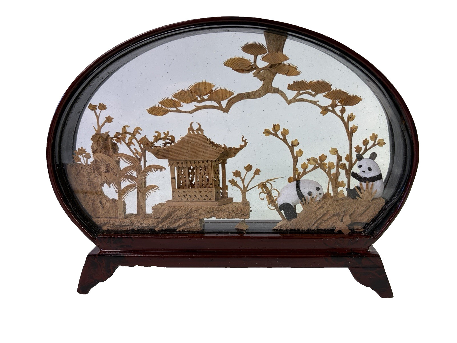 Chinese Carved Cork Art Diorama Pandas Pagoda Bamboo Trees VTG 8″
