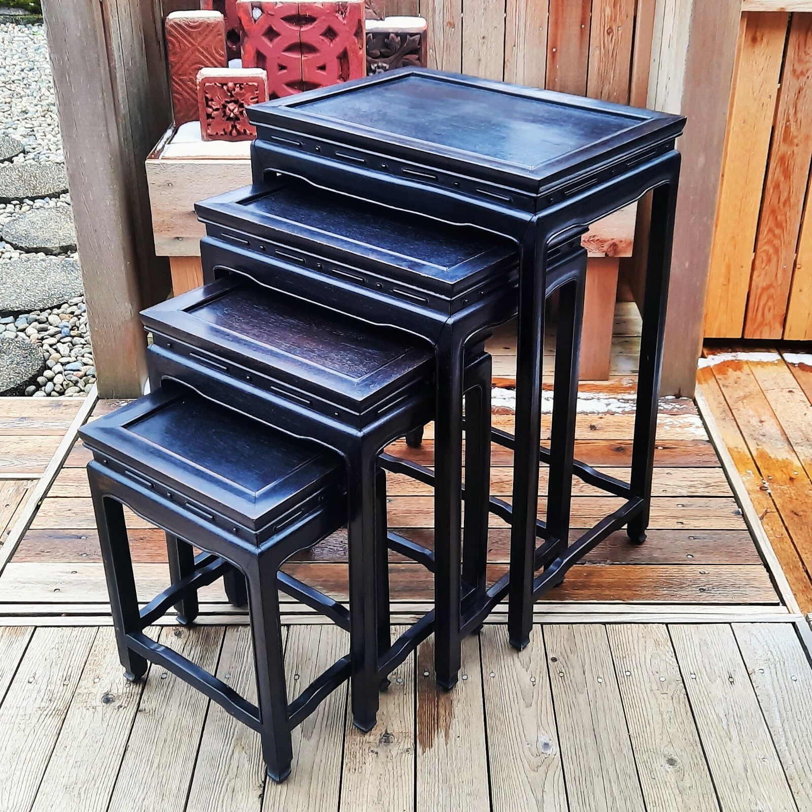 EBONIZED elegant chinese rosewood nesting tables vtg end side statue bowl stand