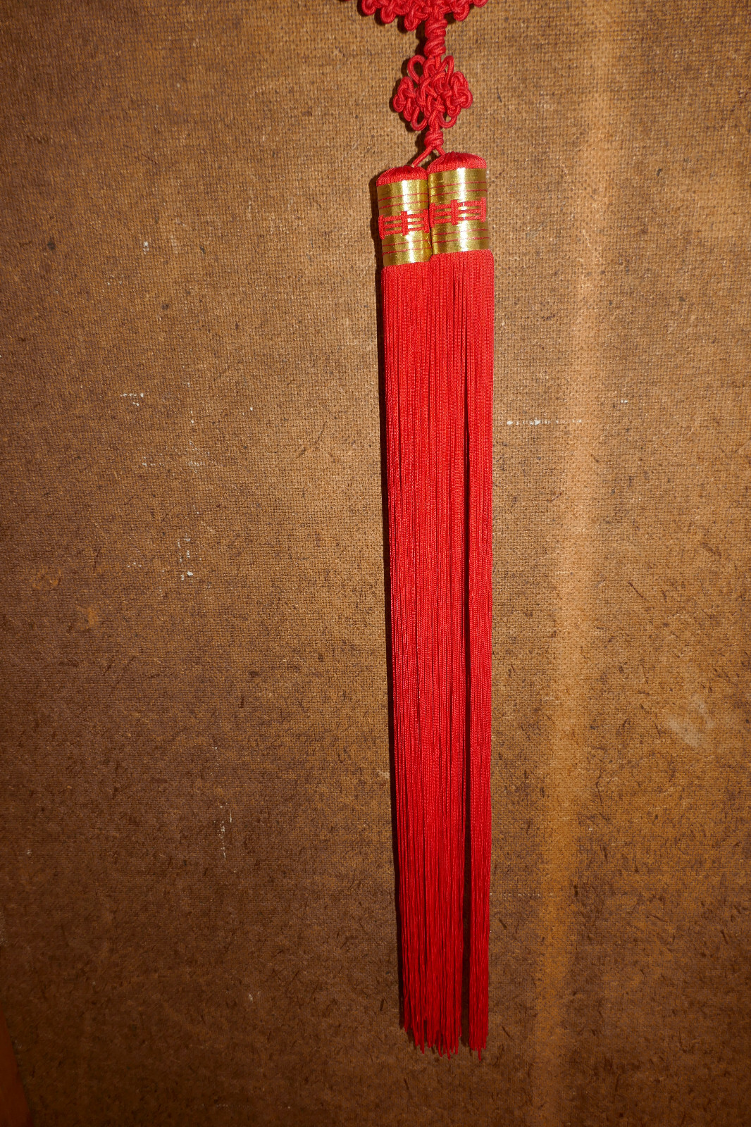 Large RED Double Tasseled Chinese Knot Wall Hanging Brass Medallion 6″W x 47″H