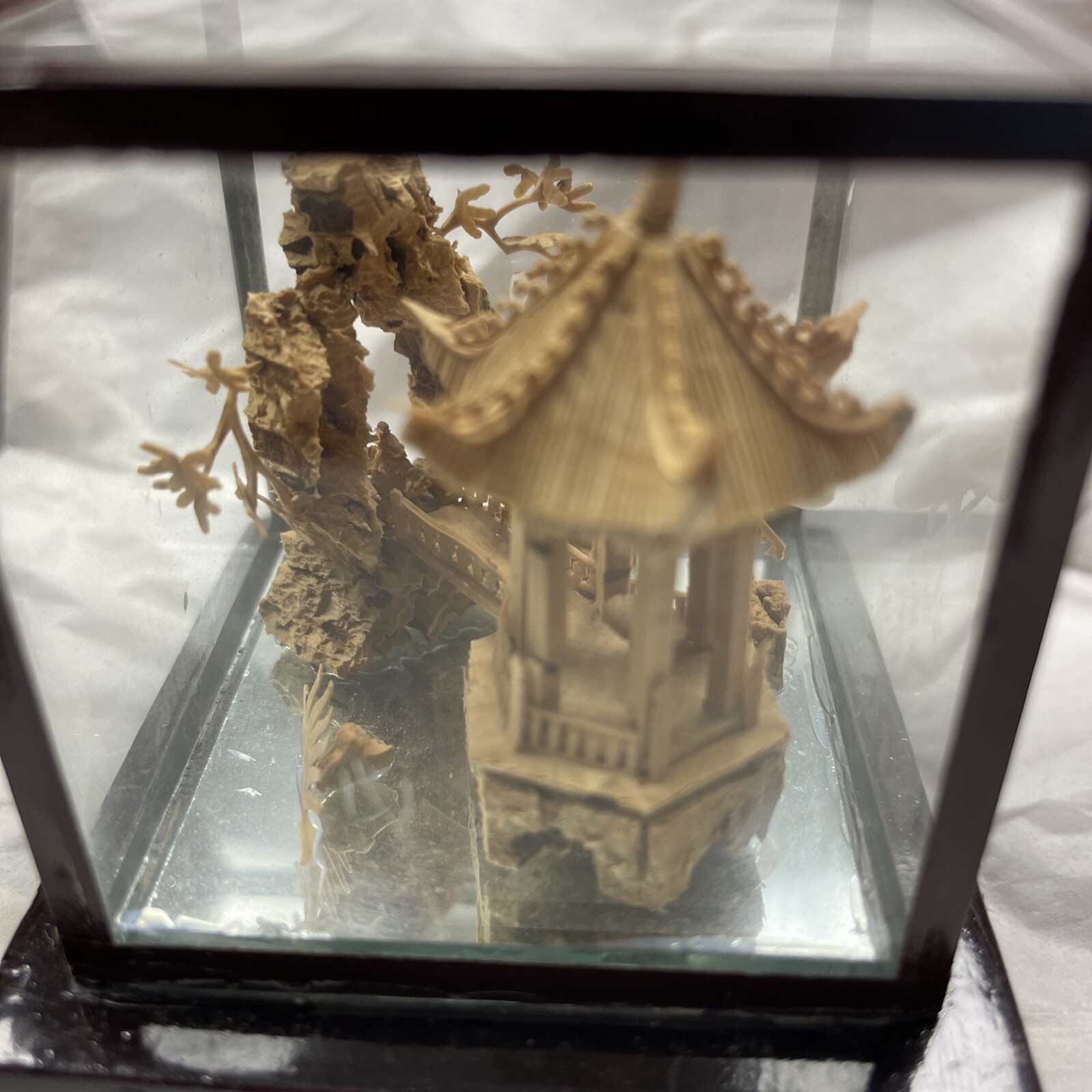 Vintage Chinese Micro Wood/Cork Carving Pagoda Trees Arbor Cranes/Original Box