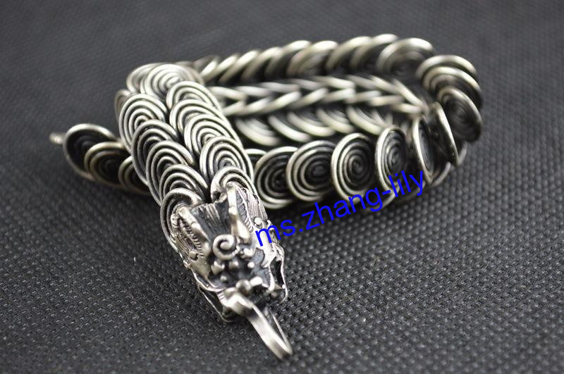 Collection Zodiac Lucky Dragon Bracelet Chinese Tibet Silver Carved Animal Exqui