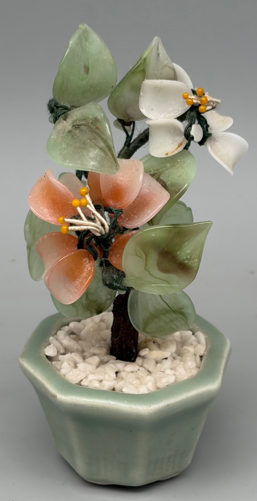 Vintage Miniature Chinese Bonsai Tree Carved Flowers & Leaves Jade 5 1/4″