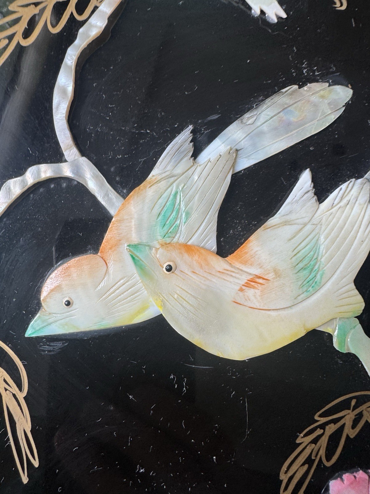 Vintage Chinese Black Lacquer Mother of Pearl Inlay Wall Panel Birds & Flowers