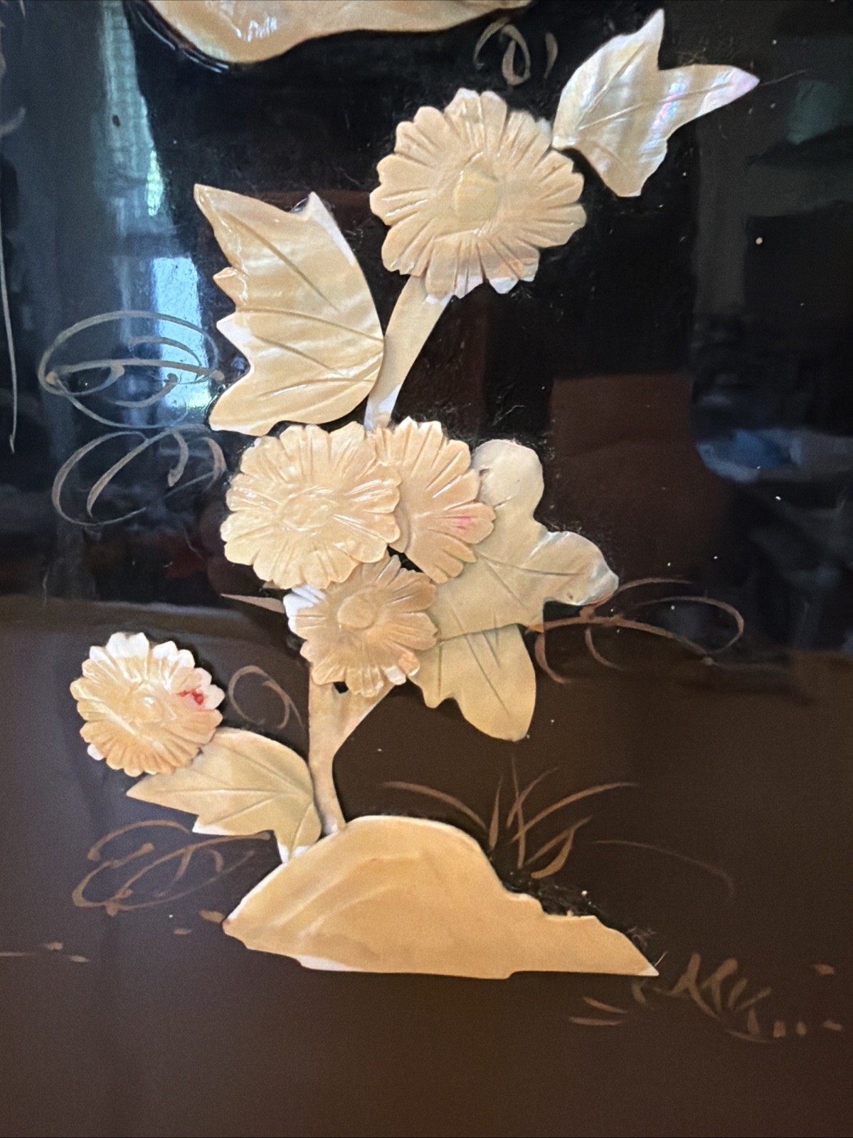 VTG 50’s Chinese Panel Carved Mother of Pearl Birds Crane Tree Black Lacquered