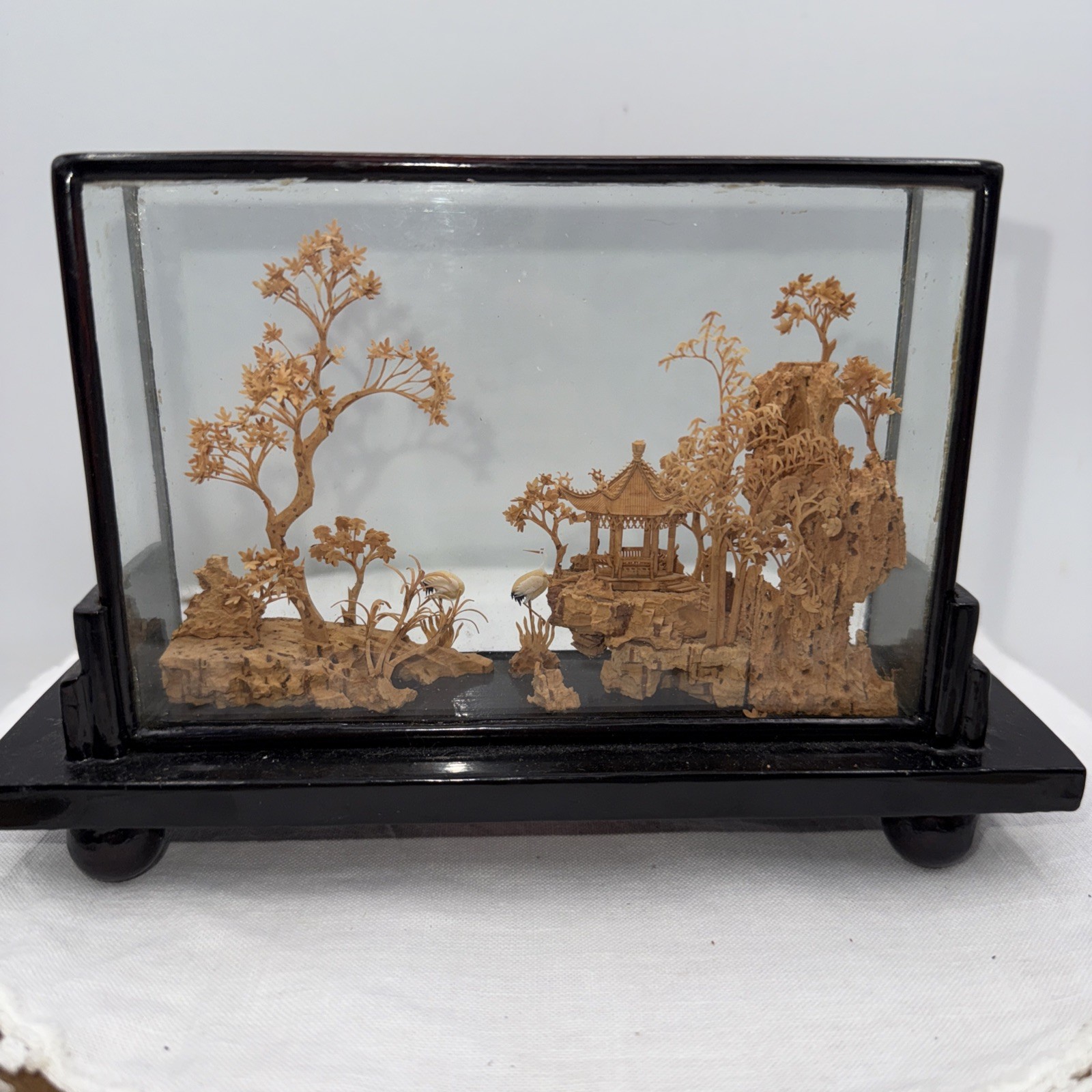 Vintage Chinese Cork Diorama Traditional Art Glass Case Enameled Wood