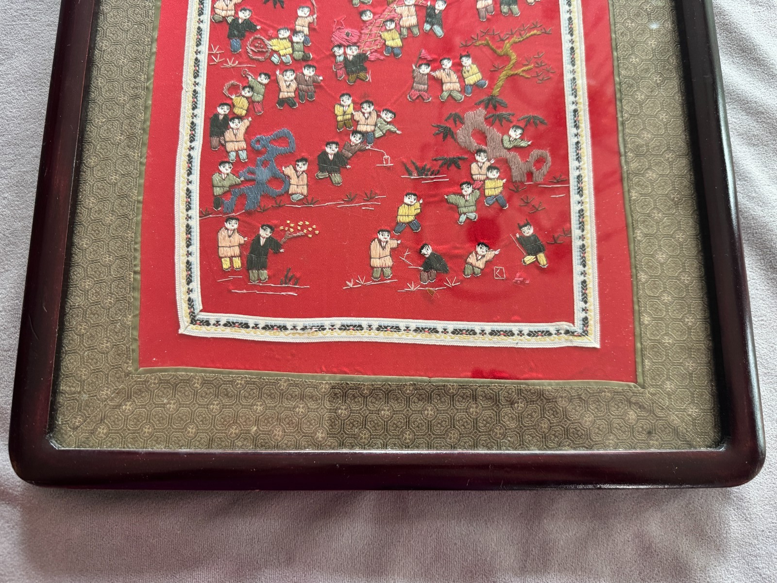 “Hundred Children Scene” Chinese Hand-Embroidered Silk Panel/Frame