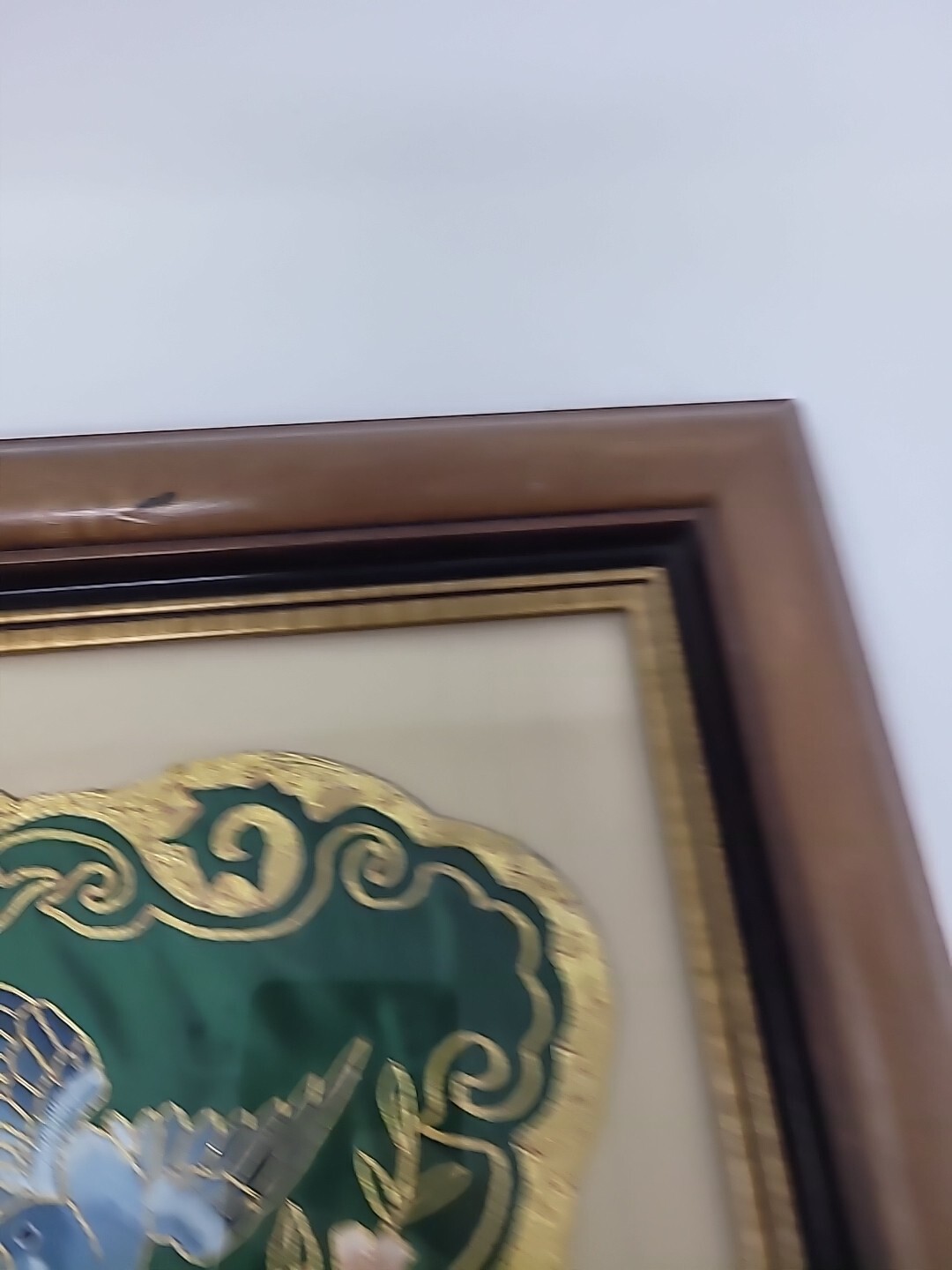 Two Framed Vintage Golden Cloud Green Chinese Hand Embroidered Panel