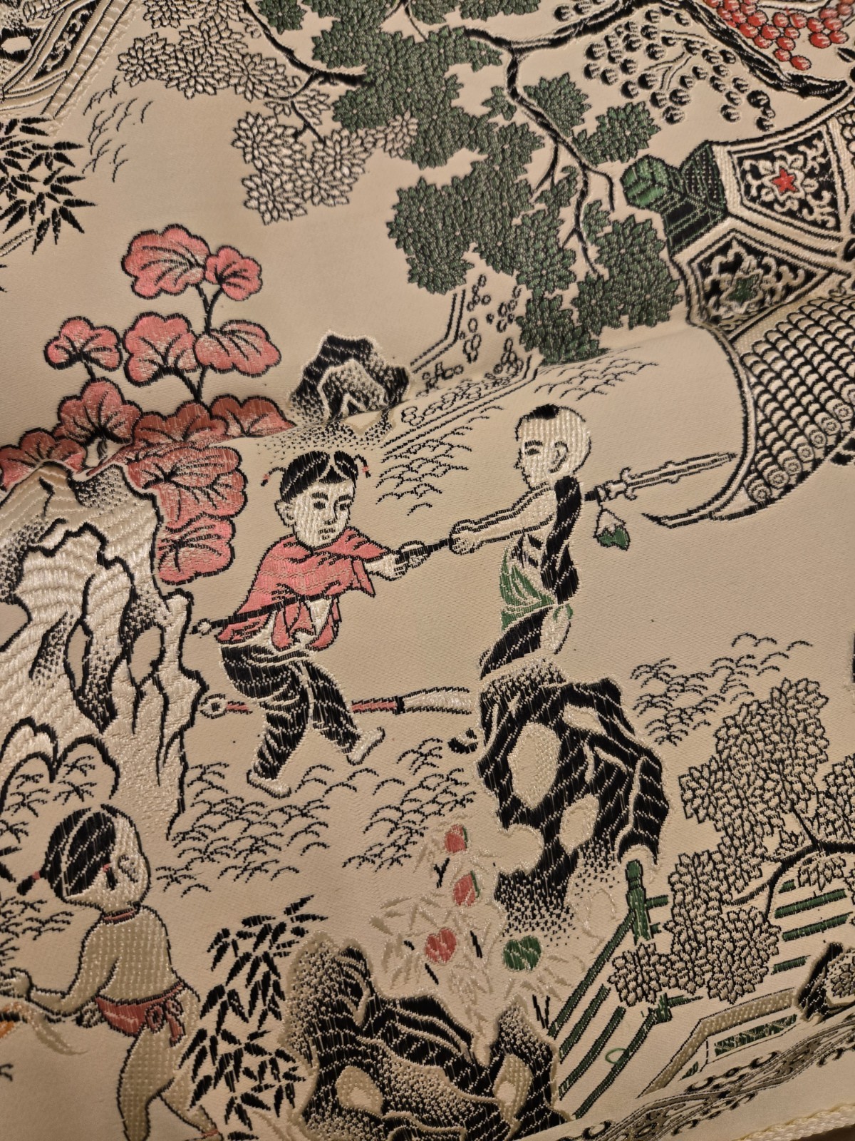 VTG NOS Brocaded Chinese Silk Tapestry Tablecloth 38″ x 38″ Late 70’s-Early 80’s