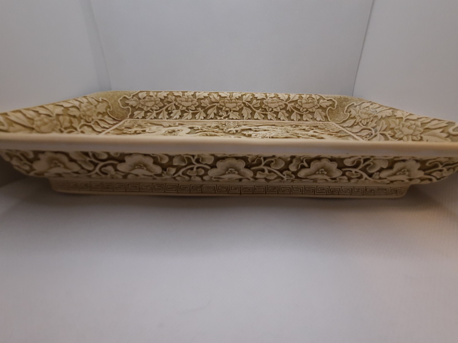 Vintage Asian Carved Resin High Relief Dragons Flaming Pearl and Florals Tray