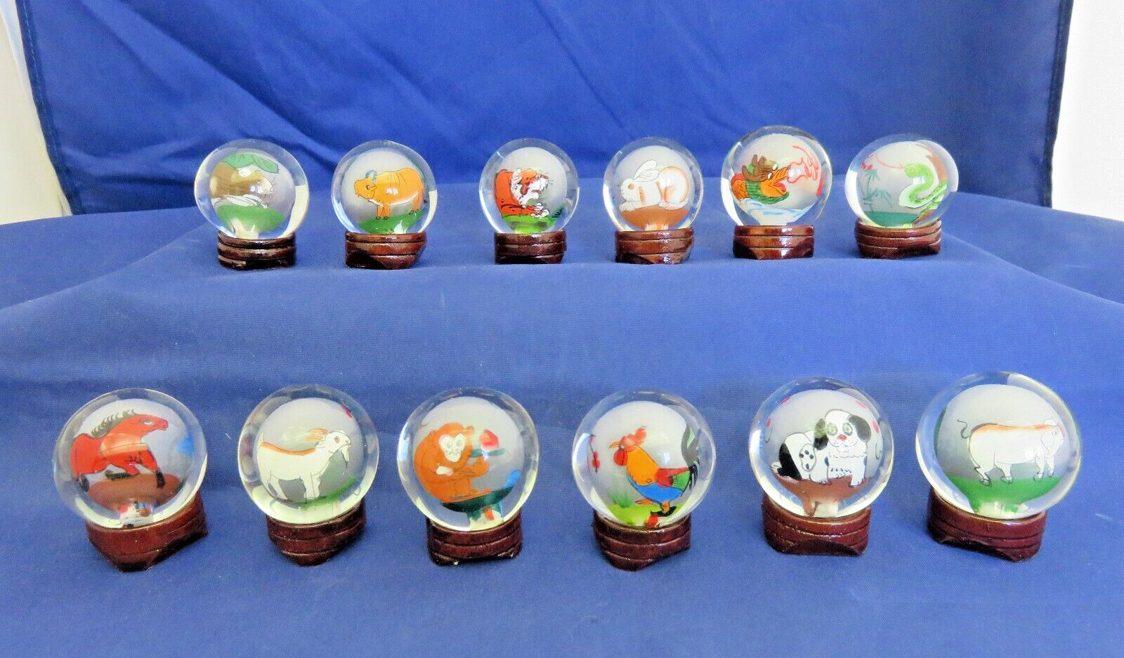 Reversed Painted Glass Balls w Chinese Zodiacs w Stands (1301)