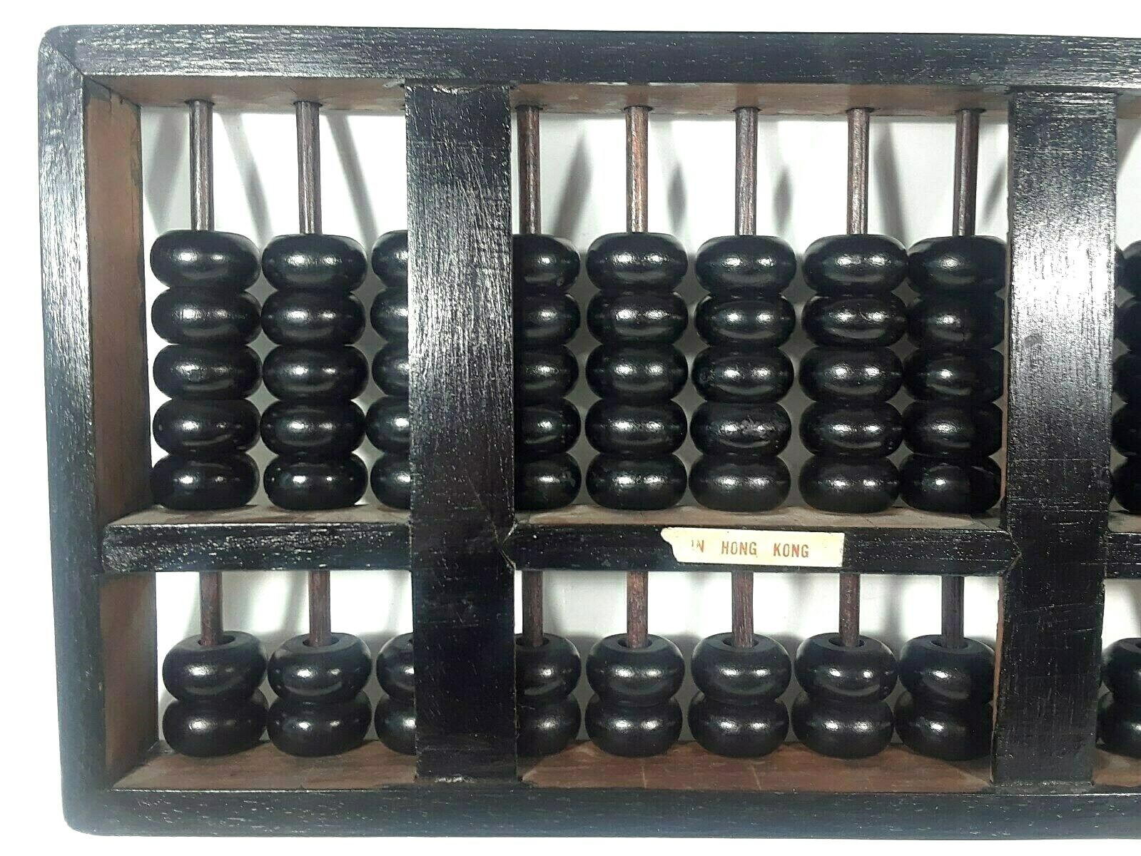 Vintage Abacus -11 RODS 77 BEADS Wood Black Painted Brass Accents Hong Kong