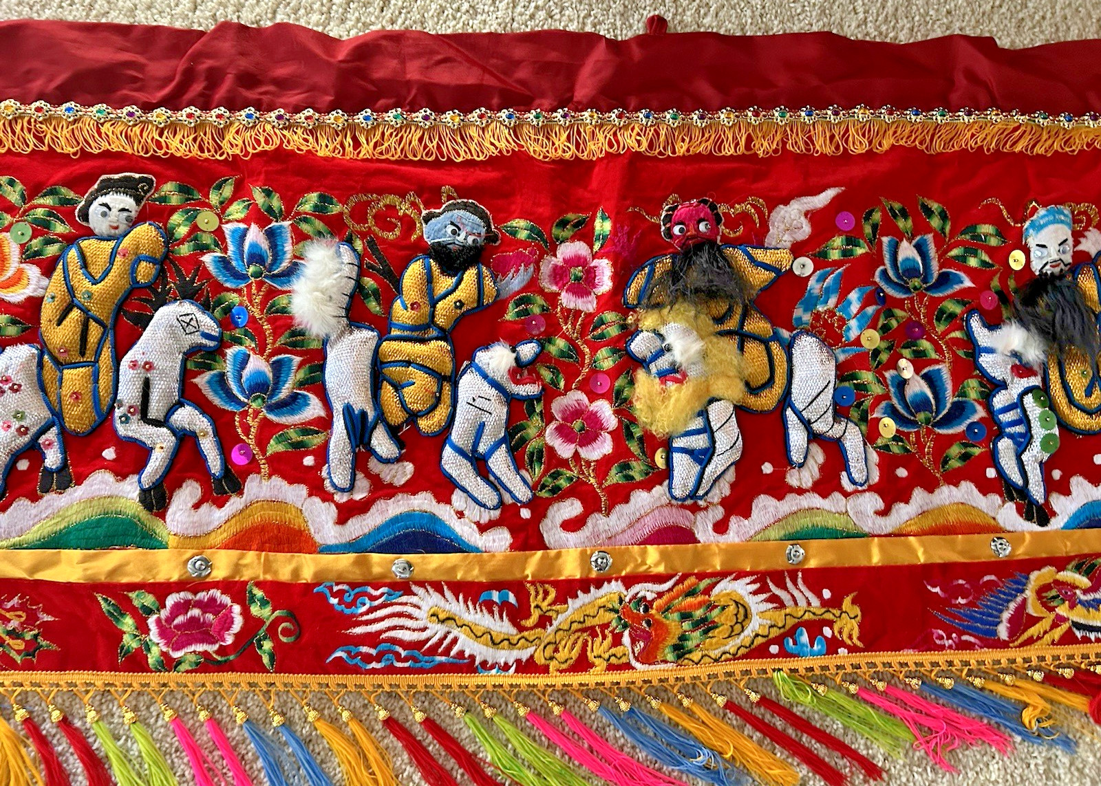 9′ LONG ASIAN WALL HANGING TAPESTRY chinese textile art BEARDS ON MEN rod Loops