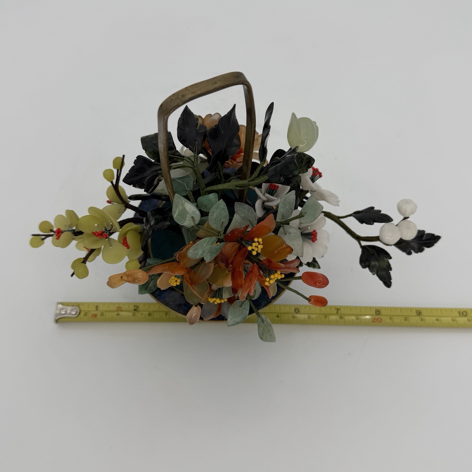 Vintage Jade Bonsai Tree Flowers Basket Cloisonné Pot 7.5” Brass Handle