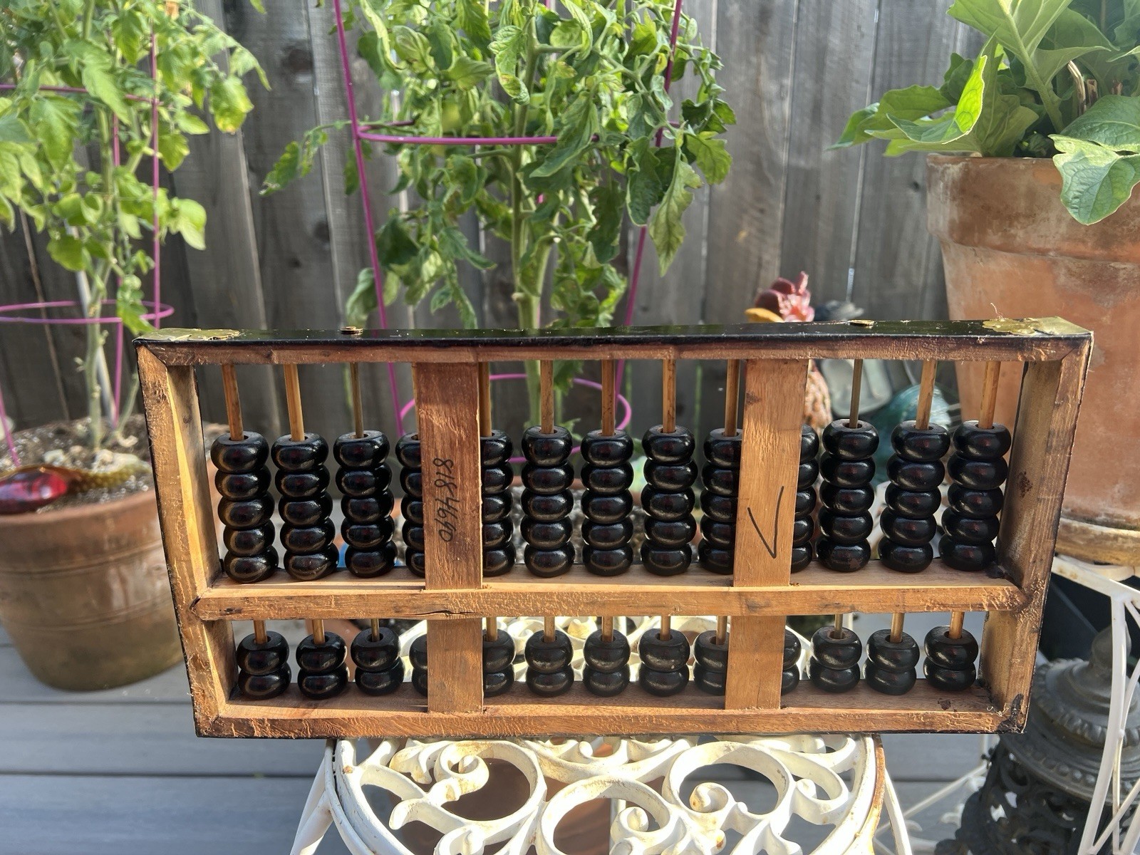 Chinese Abacus Suanpan Vintage Wood & Brass Lotus Flower Brand 13 Row 91 Bead