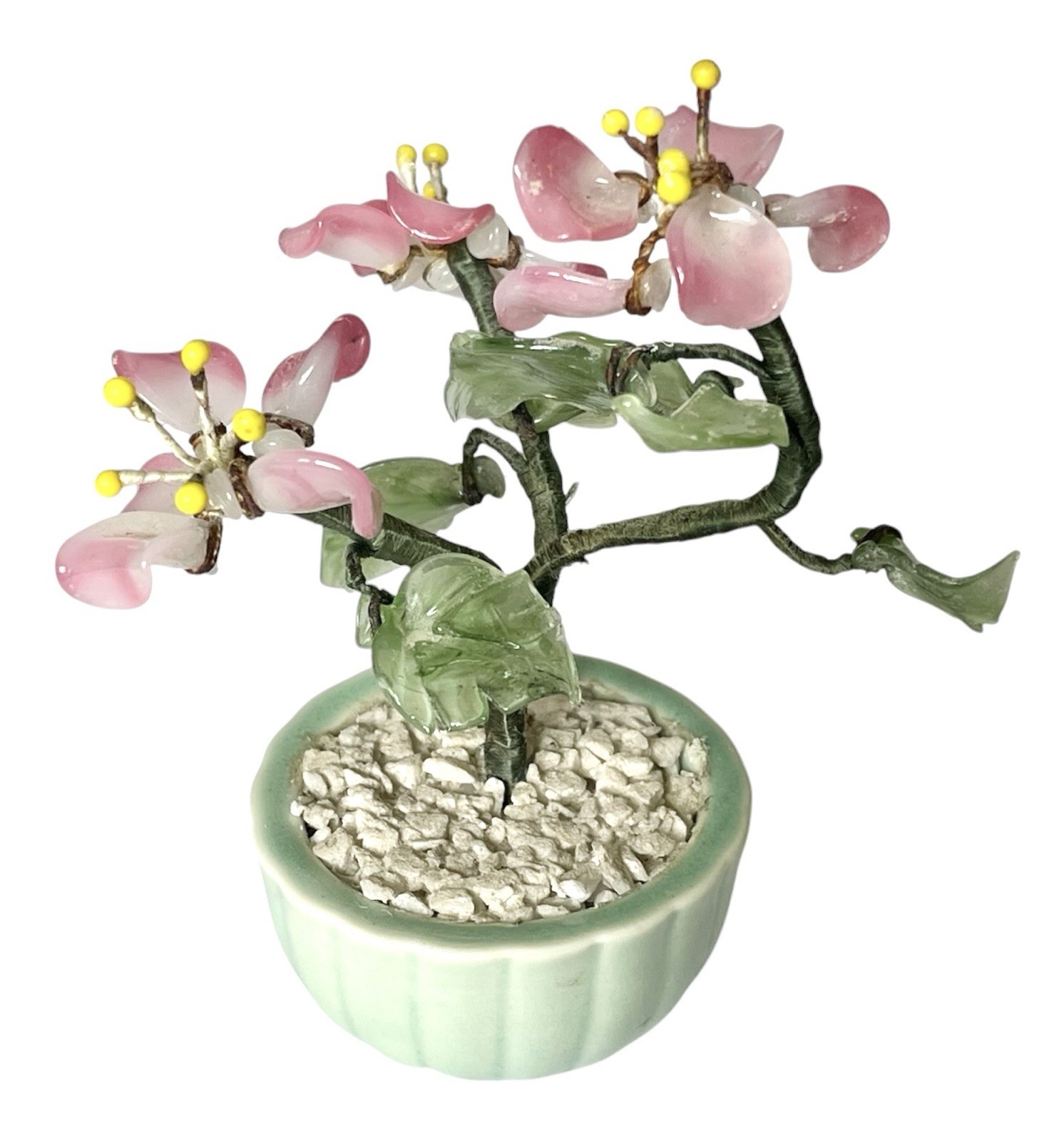 Lot of 3 Vintage Mini Jade Glass Flower Bonsai Tree Celadon Green Pot 3”