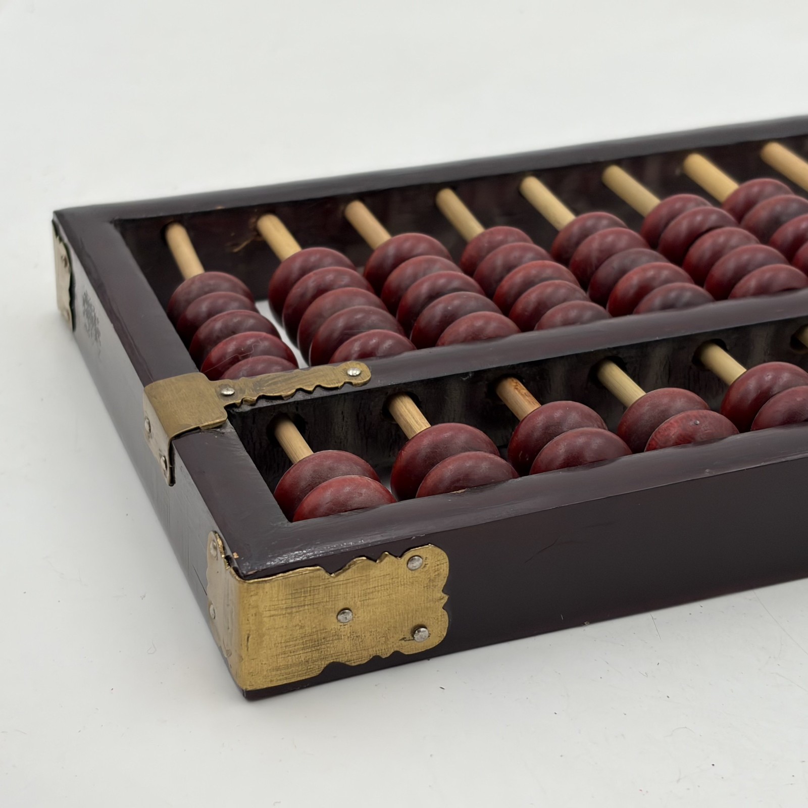Vintage Chinese Abacus 13 Row 91 Bead Wood & Brass Lotus Flower Brand Calculator