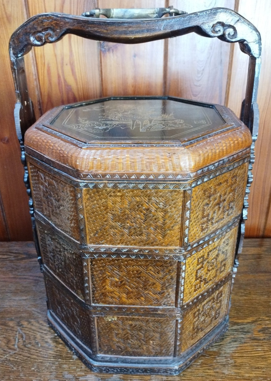 Wedding Basket Betrothal Wicker Chinese Lacquer Wood 3 Tier Octagon 20″ Tall