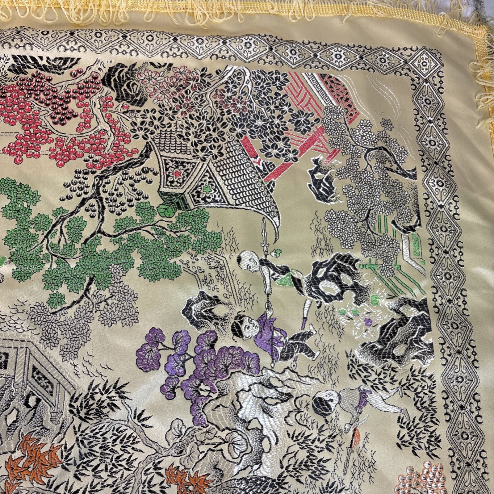 Vtg Brocaded Flowers Chinese Silk Scenic Square Tapestry Table Cloth 46″ X 48″