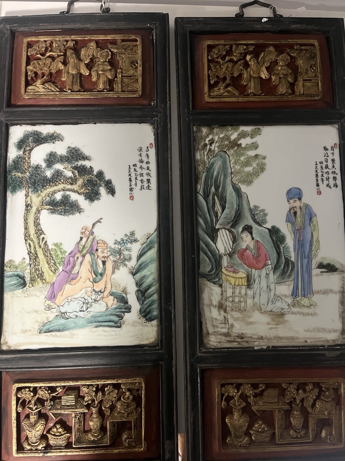 Four Chinese Family Rose Porcelain, Carved And Painted Wood Panel Wall Hangings