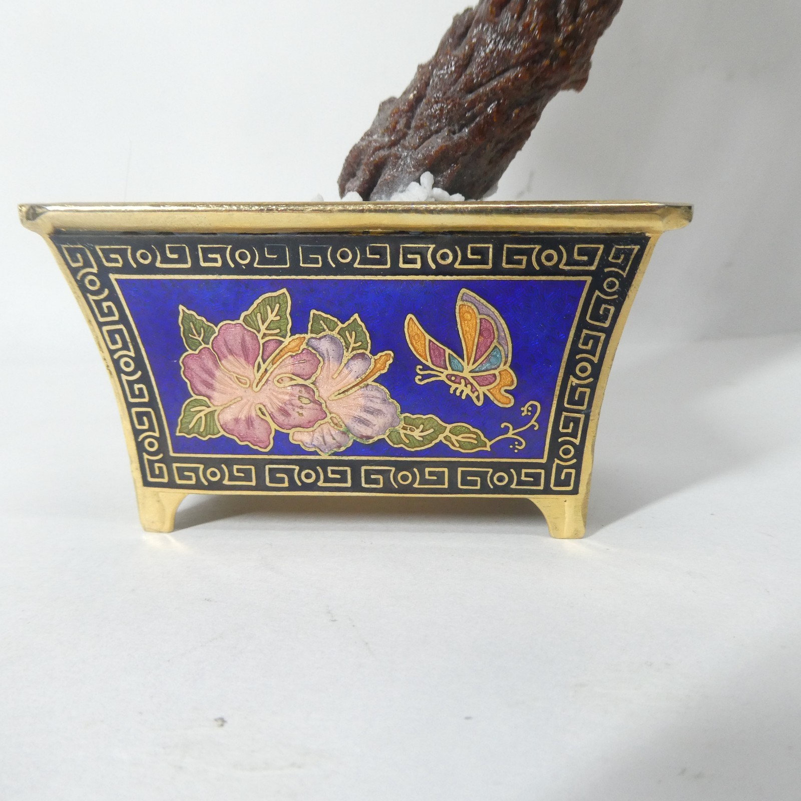 Cloisonne Enamel Brass Bonsai Tree w/ Pot Colorful Flowers 8″ Vintage