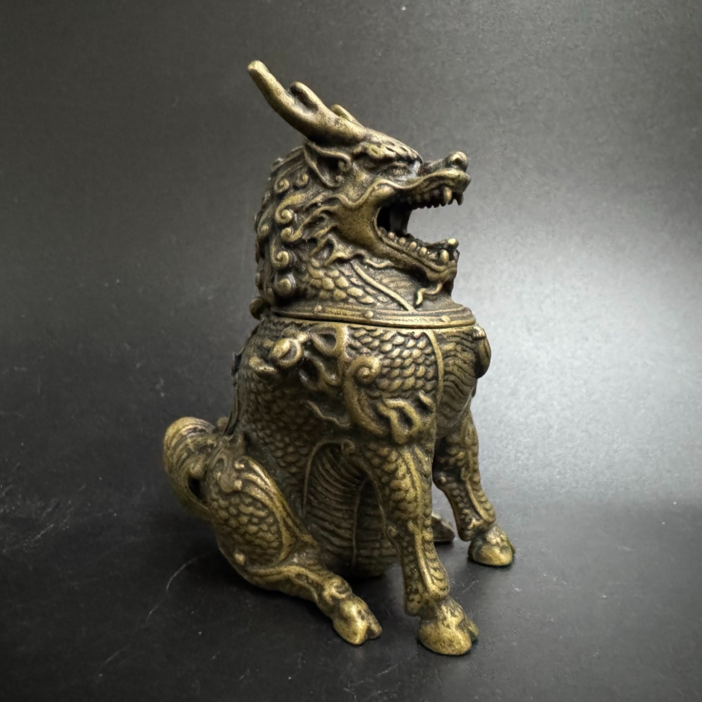 Vintage Brass Qilin Incense Burner Mini Kylin Censer Feng Shui Wealth Ornament