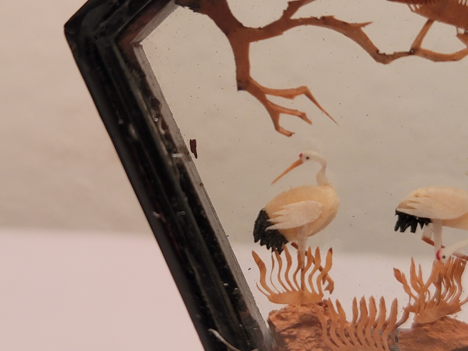 Chinese Cork & Wood Diorama Hand Carved Asian Crane Pagoda Tree Art Glass