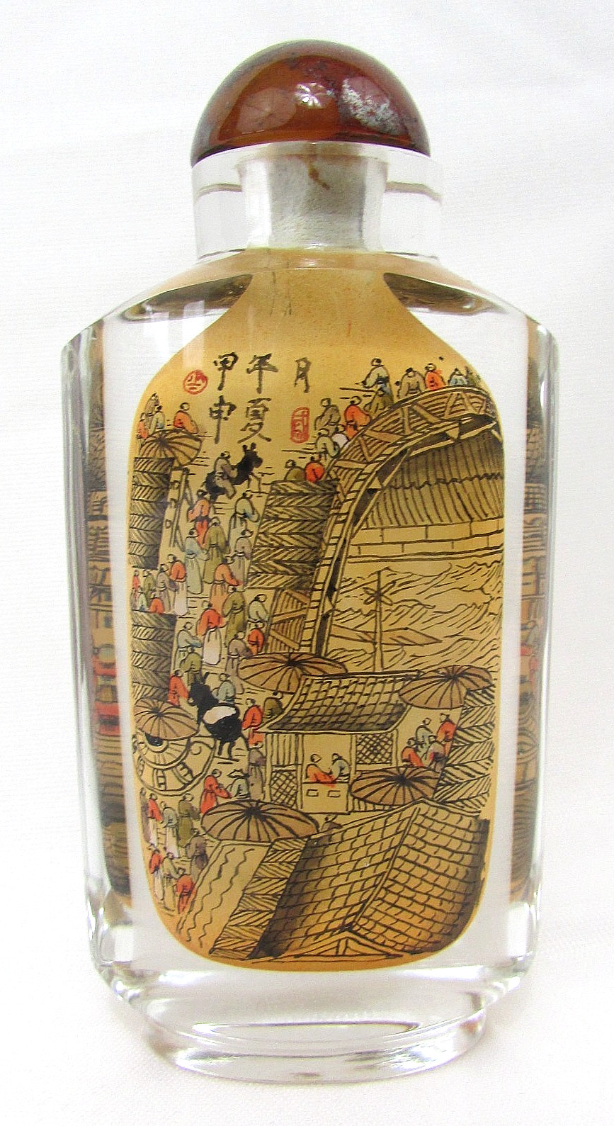 Vtg Reverse Painted Perfume Bottle Chinese Village Scene Cased Glass W/Stopper