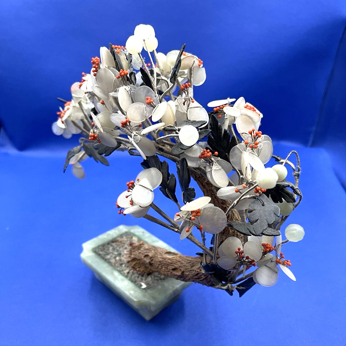 Vintage Large Chinese Jade Base Gemstone Flowers Bonsai Tree Sculpture 989