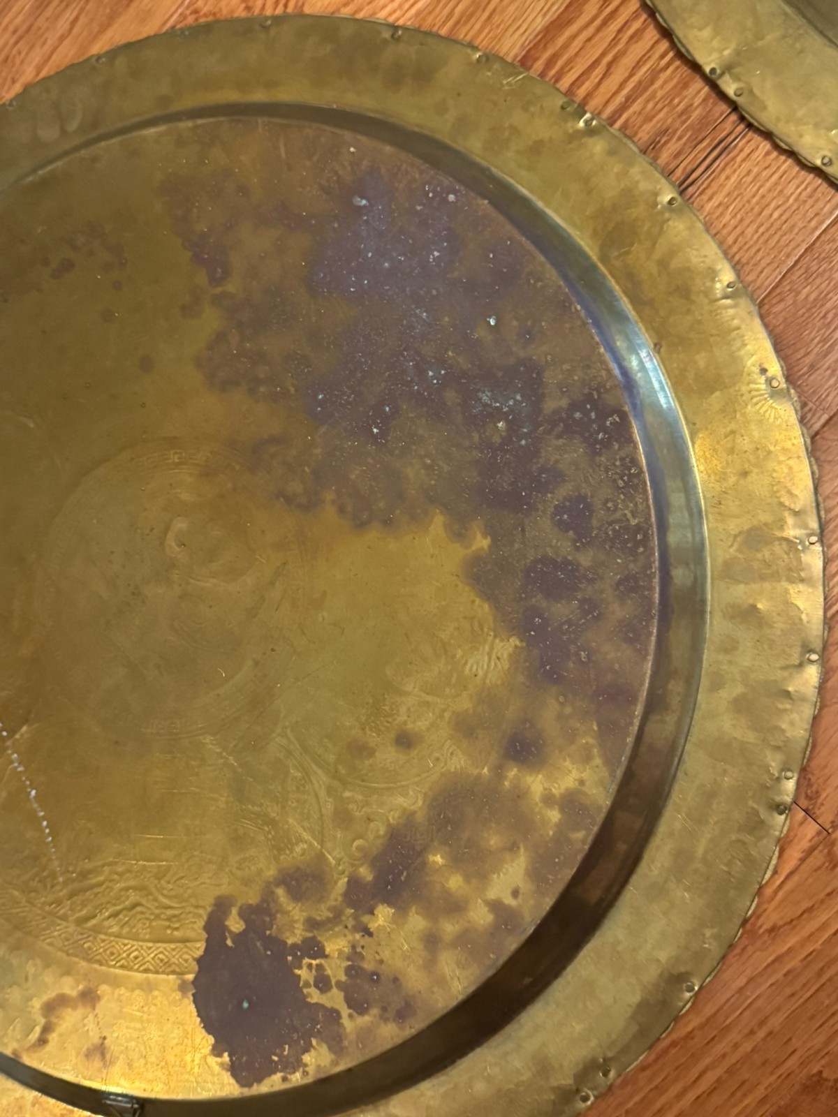 2 Vintage Chinese Heavy Tooled Motif Round Brass Tray 24″ w/ Raised Riveted edge