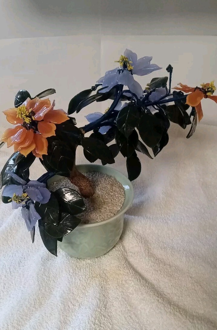 Vintage Jade Glass Flower Arrangement In Vase
