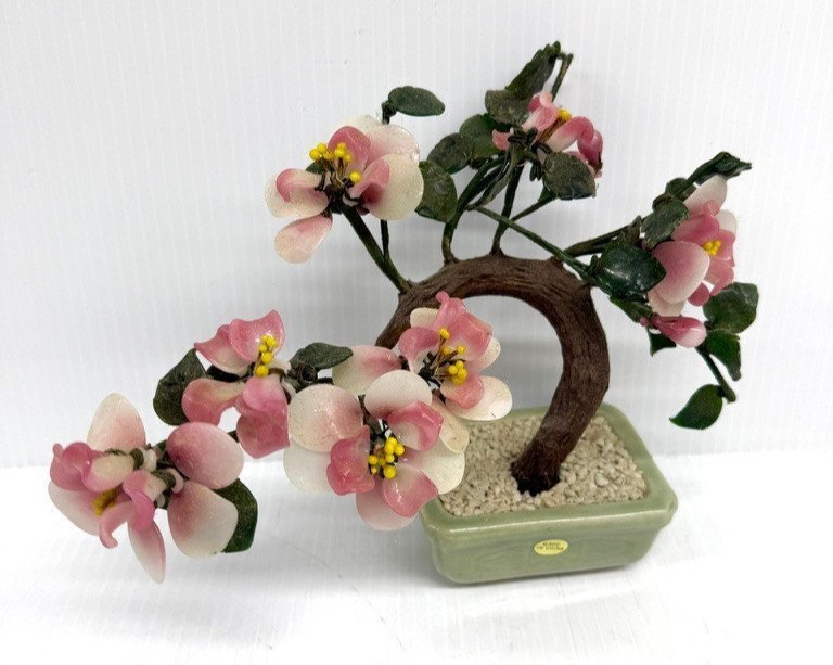 Vintage Jade Glass Cherry Blossom Bonsai Tree Pink Flowers 7” Celadon Pot