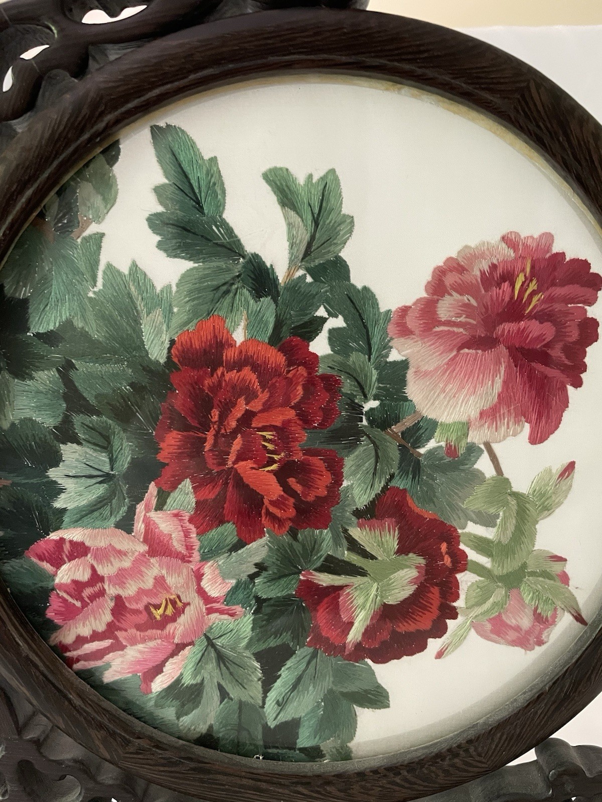 Vintage Chinese Double Sided Silk Embroidery Peony Flower Table Screen