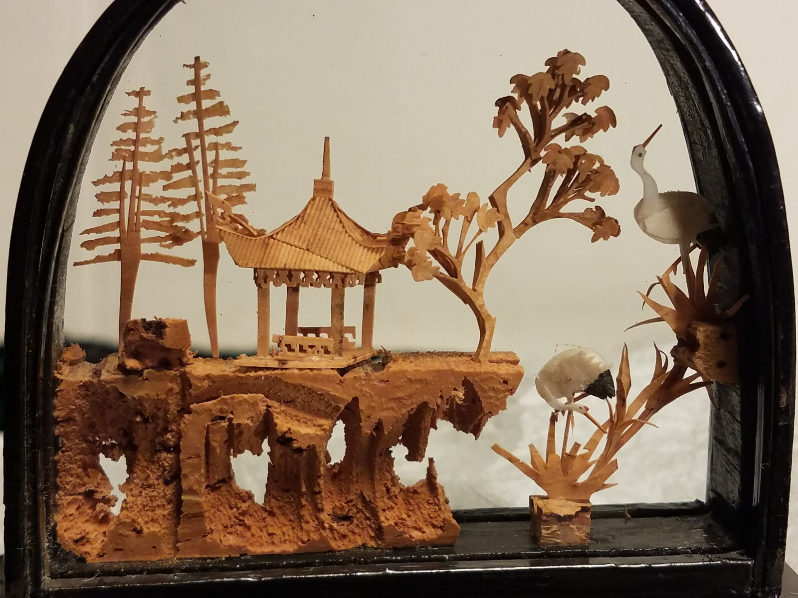 Chinese Lacquered Arched, Hand Carved Cork Diorama, Pagoda Trees Cranes