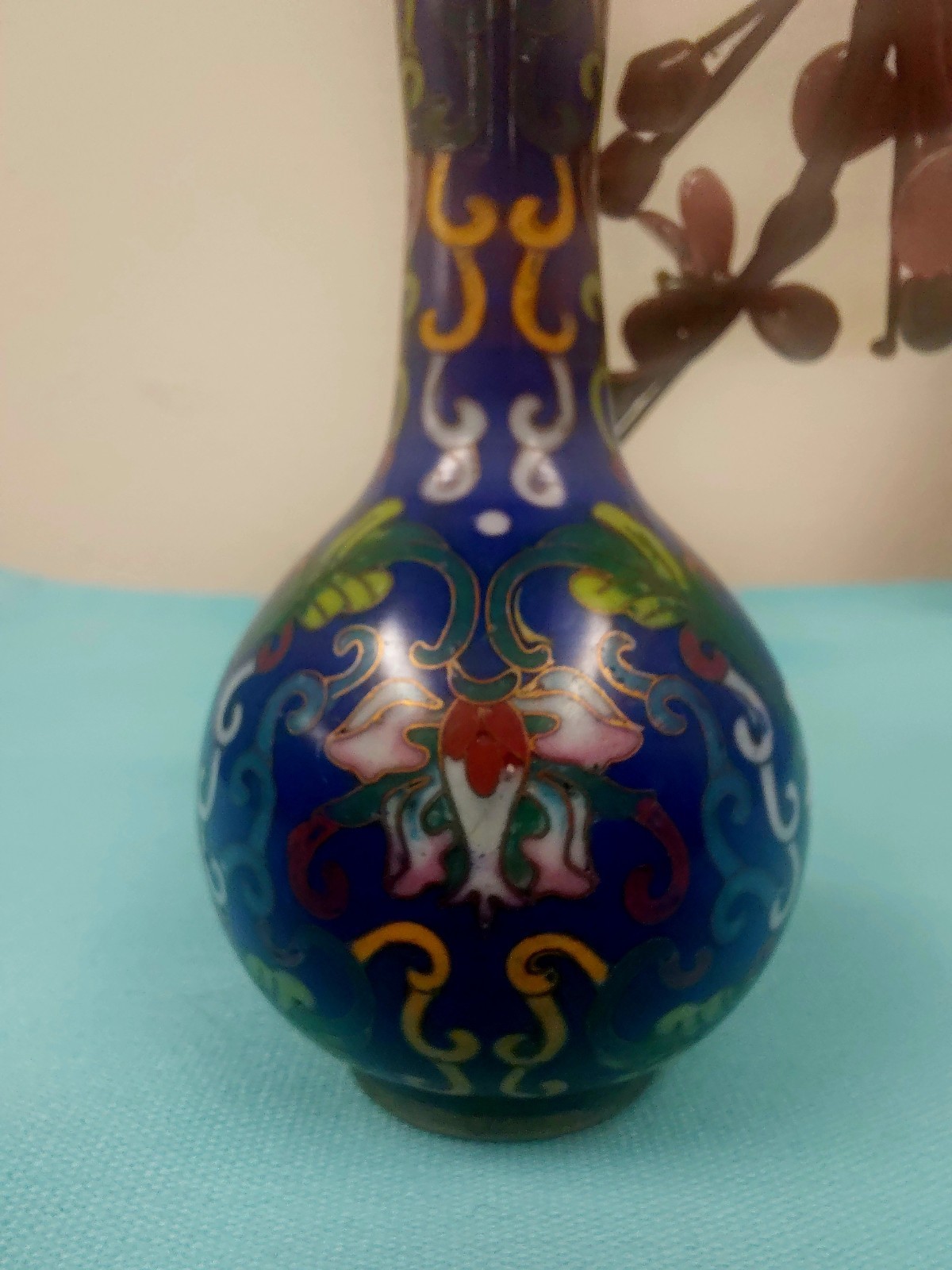 Vtg Chinese Cloisonné Vase Gemstone Flowers Metal Enamel Bird 6″ Tall VGUC