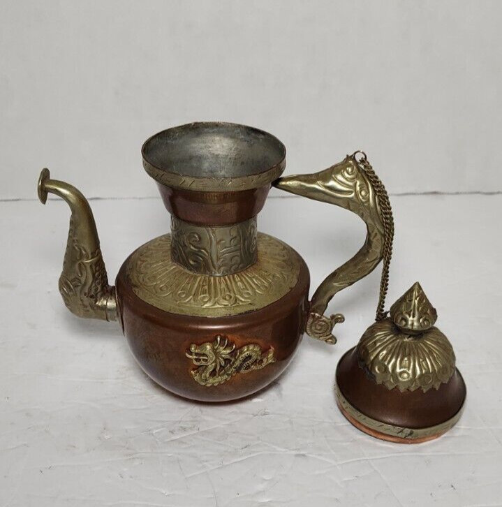 ANTIQUE / VINTAGE COPPER AND BRASS TIBETAN TEAPOT WITH DRAGON
