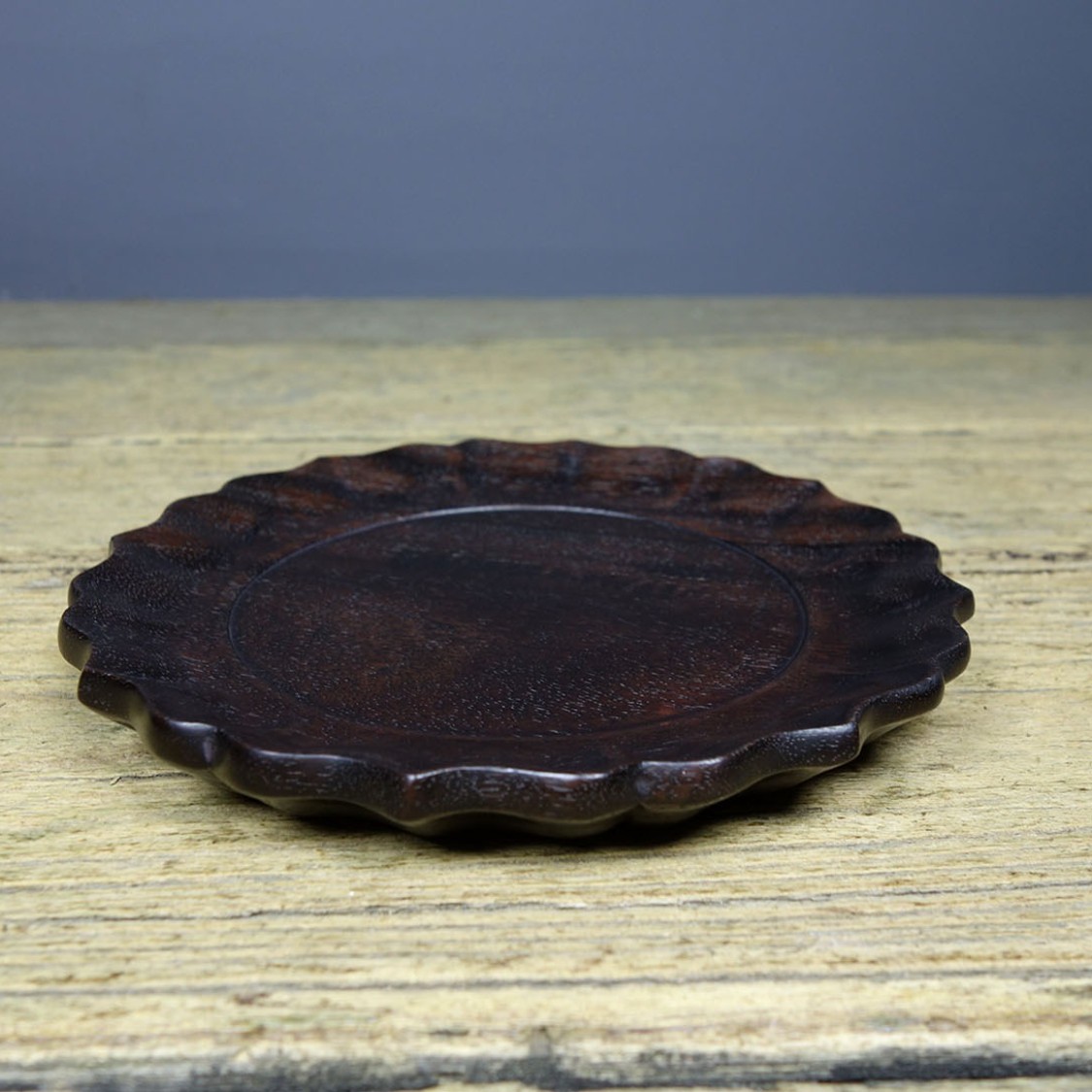 Vintage Hand Carved Rosewood Lotus Tea Tray Decor 14.5cm
