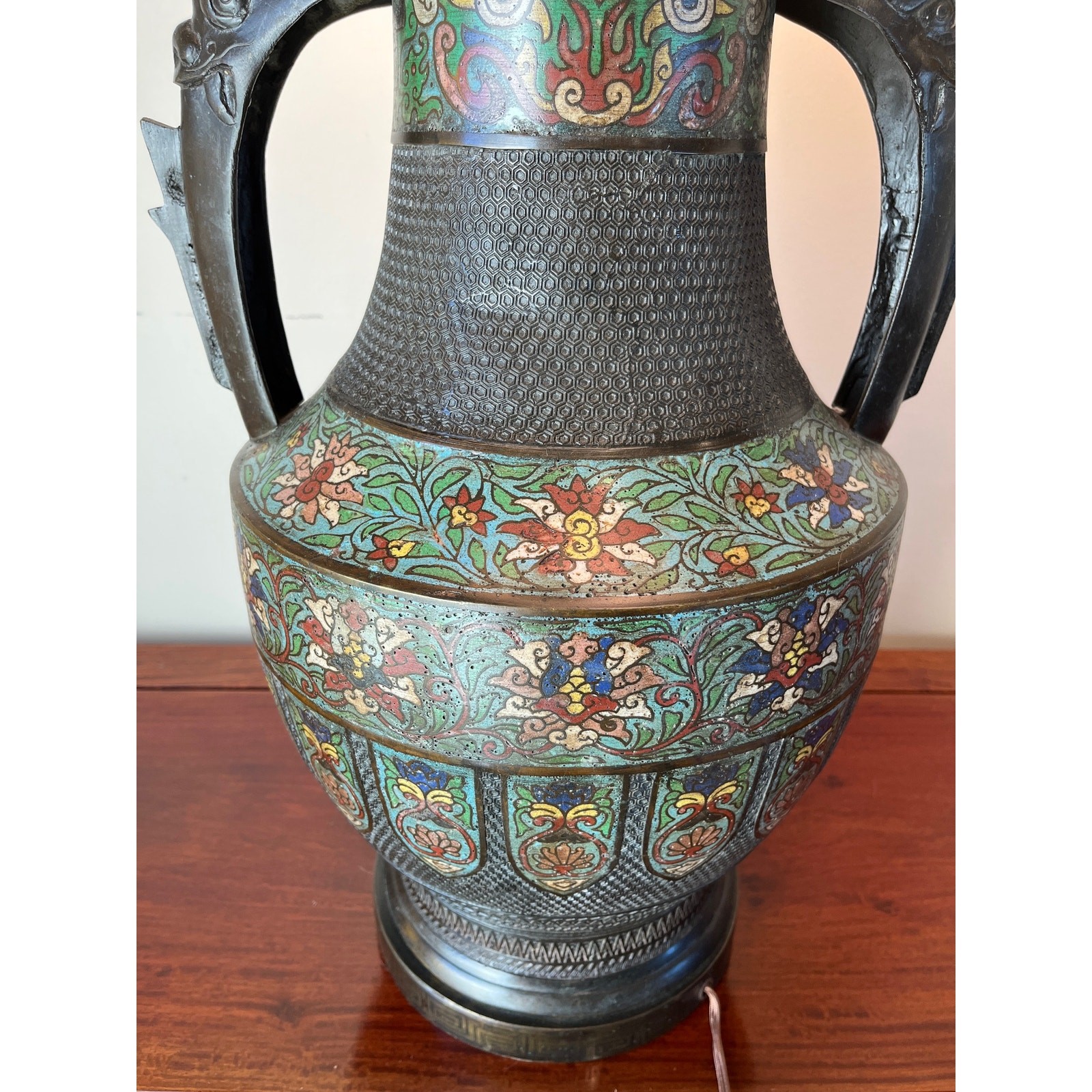 Large 42″ Chinese Cloisonné & Bronze Taotie Hu Vase Table Lamp