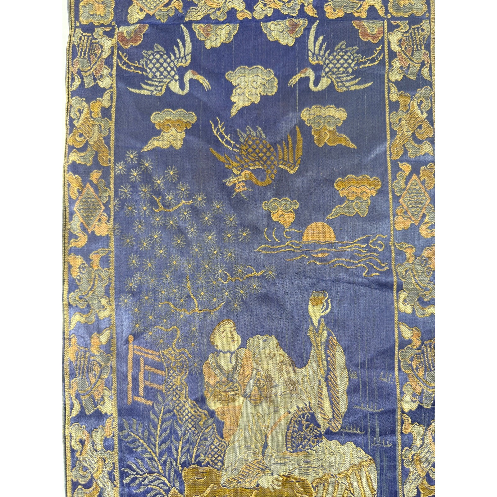 Antique Chinese Silk Brocade Cranes & Scholars Tapestry 18x10in