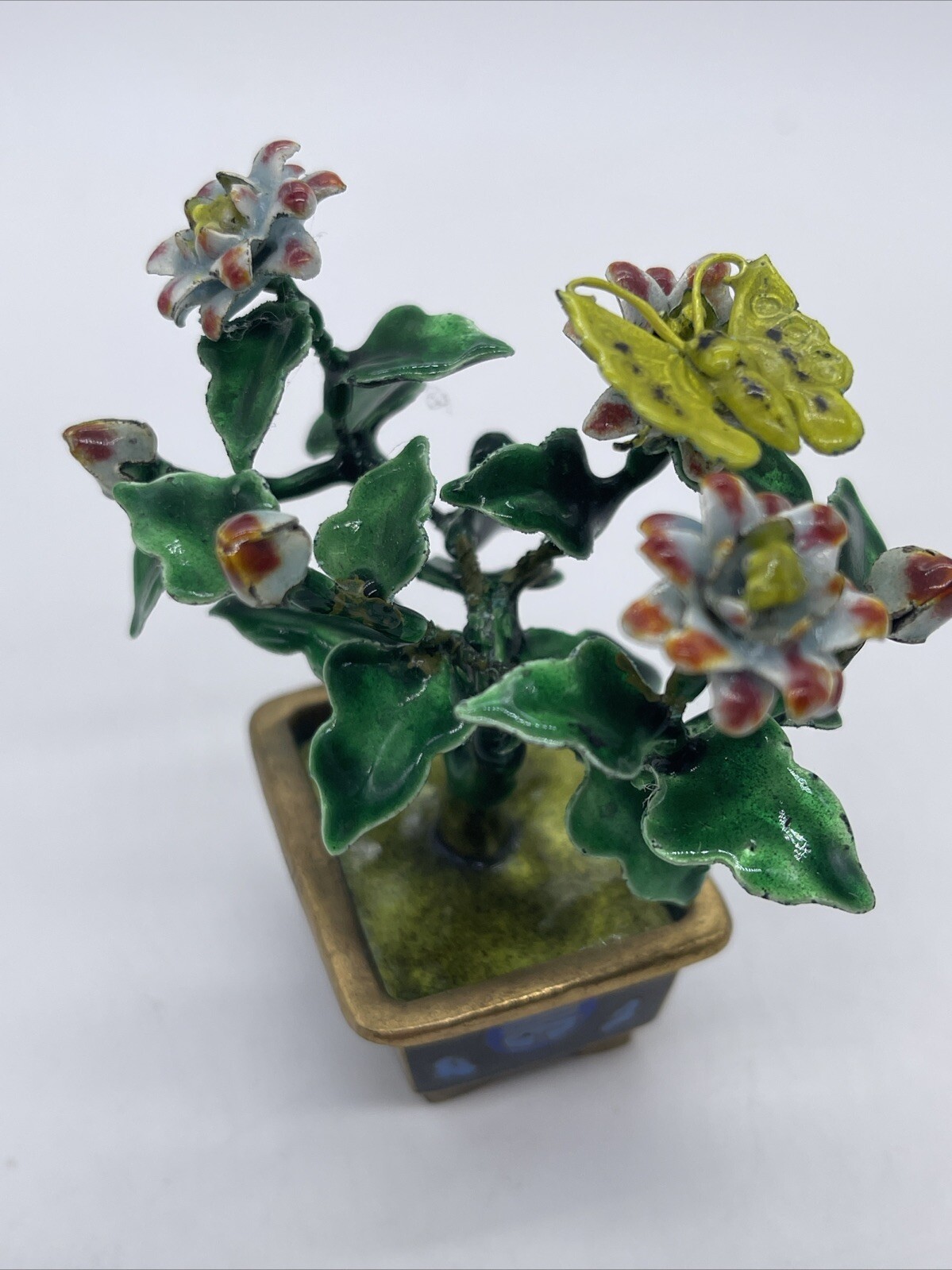 VINTAGE CHINESE METAL GUILLOCHE ENAMEL BONSAI TREE & FLOWERS with CLOISONNE POT